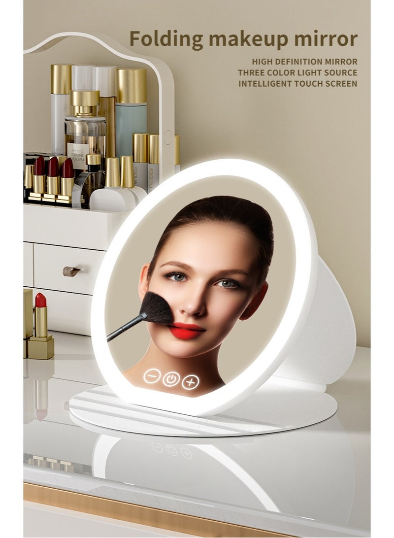 مرآة مكياج قابلة للطي، مرآة عالية الدقة مع إضاءة LED، مصدر ضوء ثلاثي الألوان، دعم زاوية قابل للتعديل (بيضاء) - Image 2